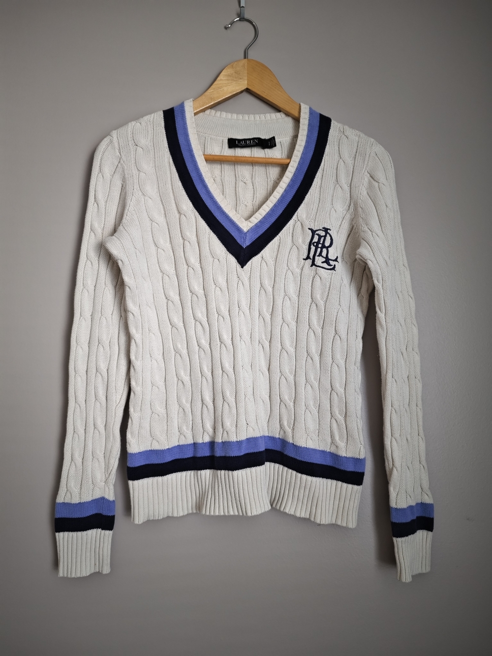 Ralph Lauren Women's Cream Cable-Knit V-Neck Sweater with Blue Trim